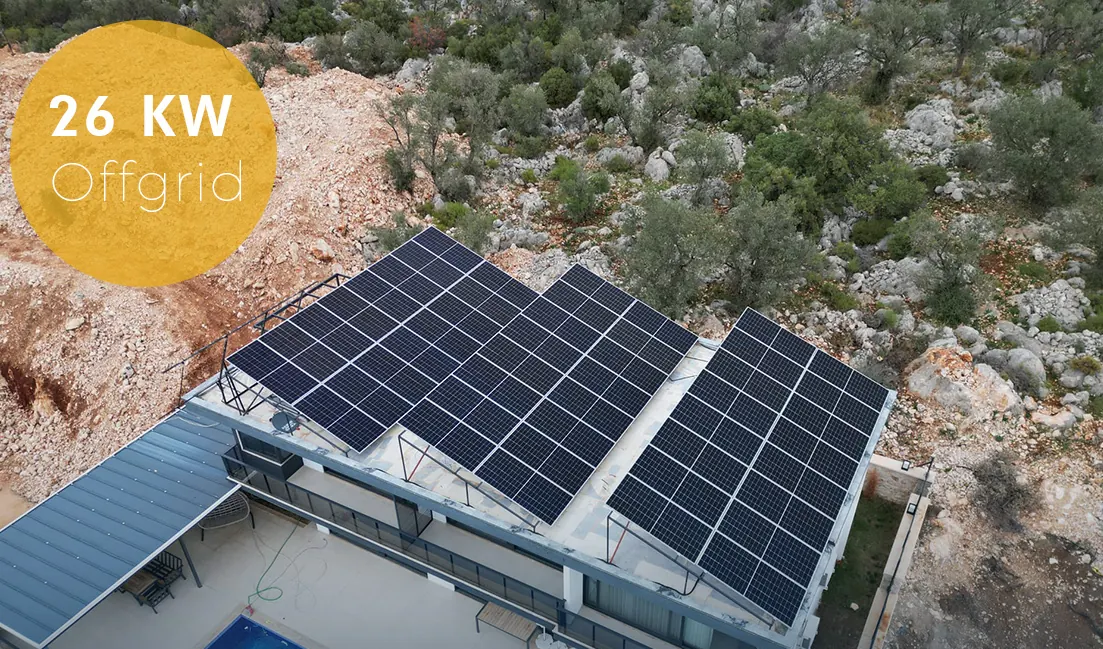 26 kW off-grid solar array on a villa with a pool